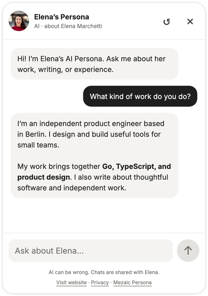 Mezaic Persona’s embedded chat answering a visitor’s question about Elena’s work, with its AI label and privacy links visible.