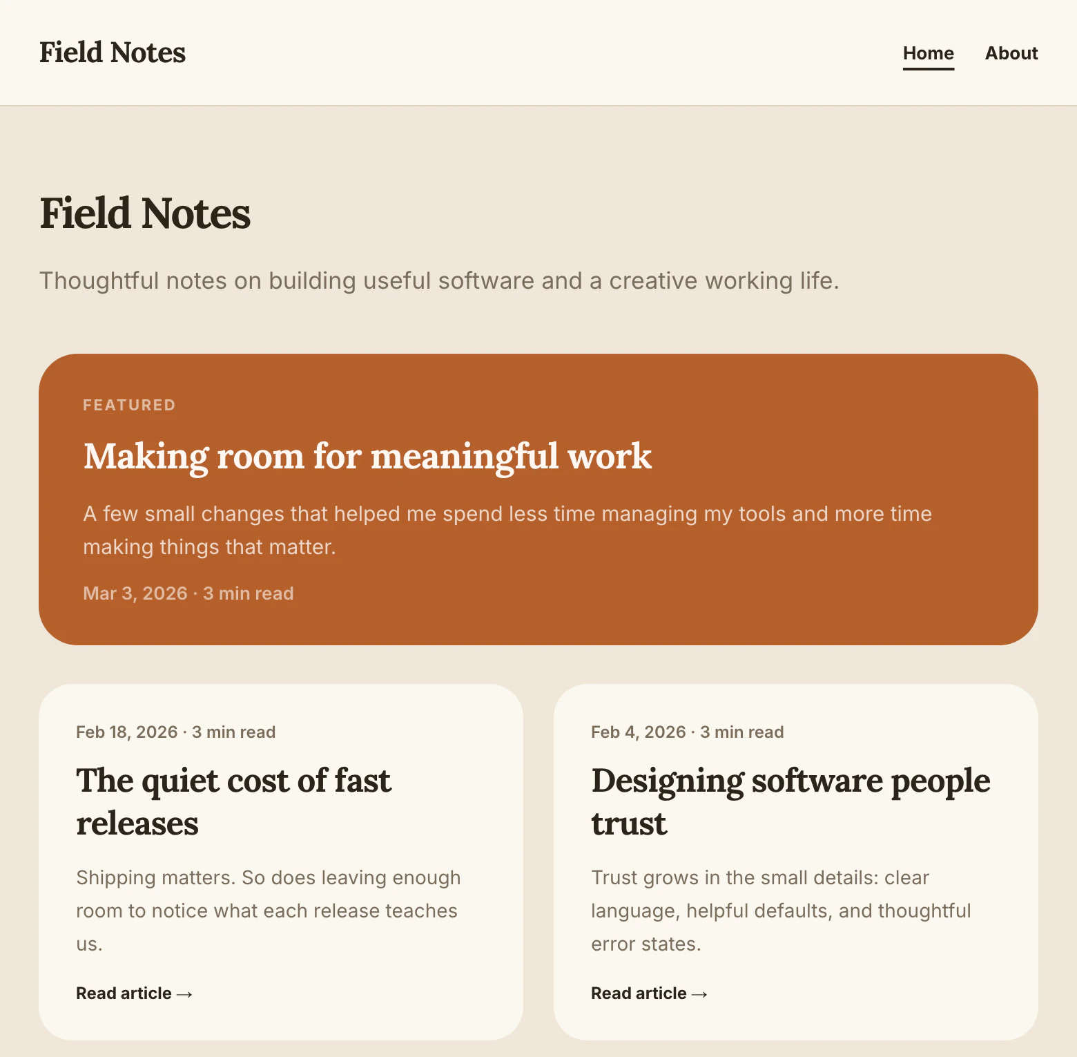 Mezaic’s standalone blog layout with a publication name, top navigation and featured article.