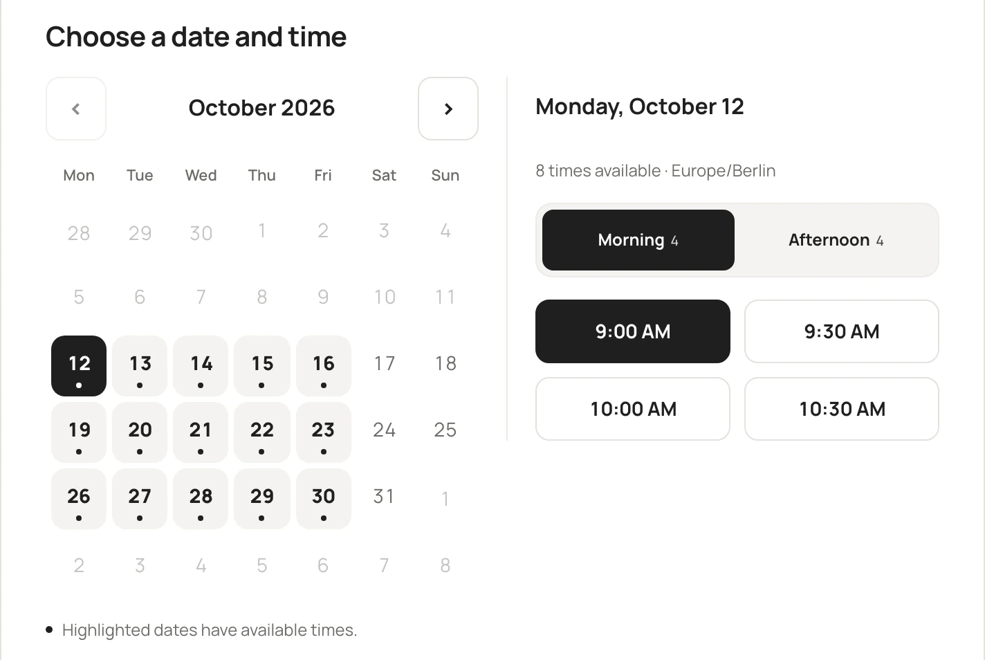 Mezaic’s booking calendar highlights available dates and groups appointment times for selection.