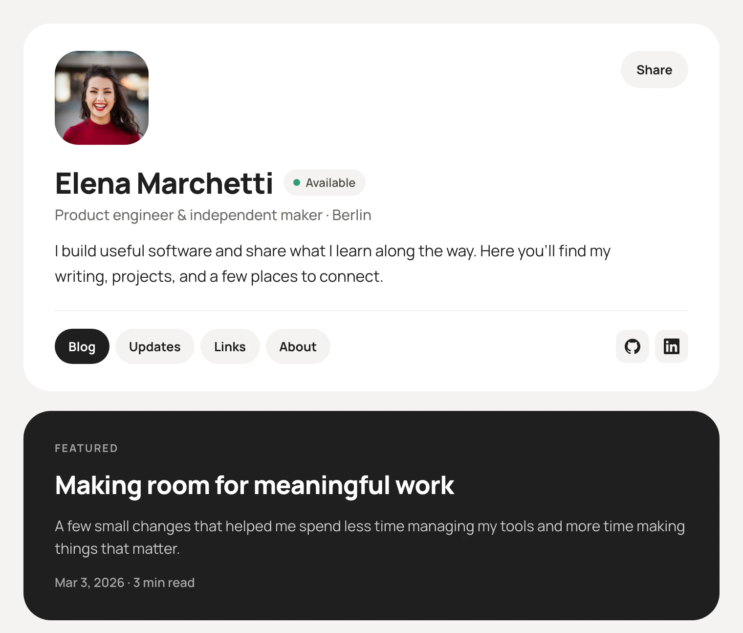 Mezaic’s personal website layout with a profile photo, introduction, social links and featured writing.